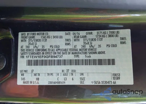 2016 Ford F-150 Lariat z USA, uszkodzony, nr VIN 1FTEW1EF0GFB94737